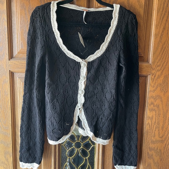 Free People Adelene Cardigan, Black Cream Combo, Large, NWT - Picture 3 of 6
